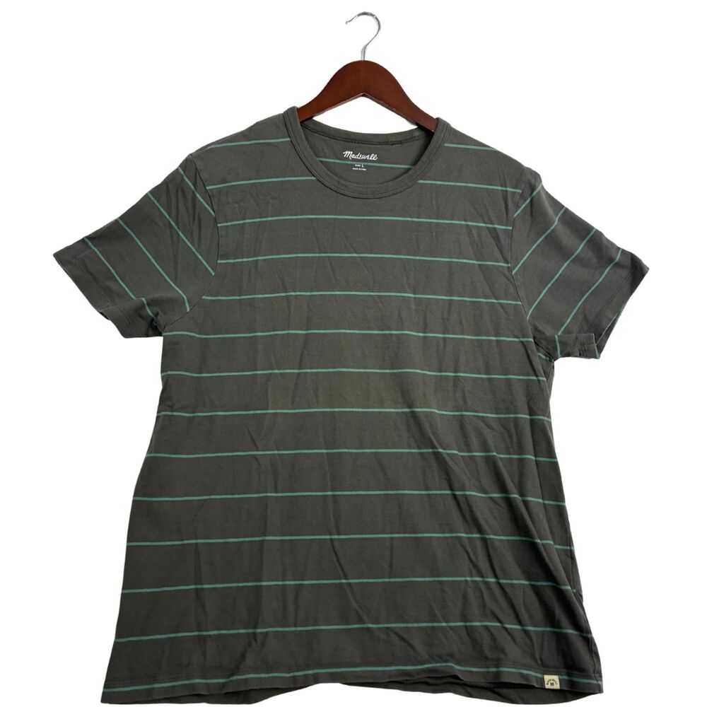 Madewell Men's Striped T-Shirt Size L Gray Green Short Sleeve Crew Neck